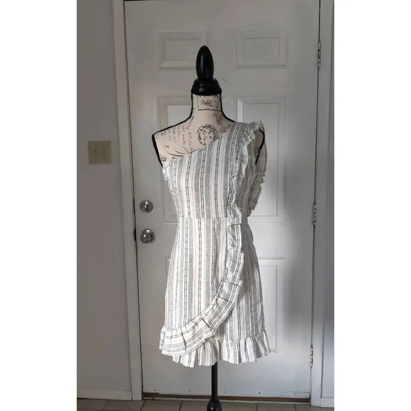 Linen Blend Sleeveless One Shoulder Mini Dress Ruffle Pinstripe Black & white S - Picture 2 of 14